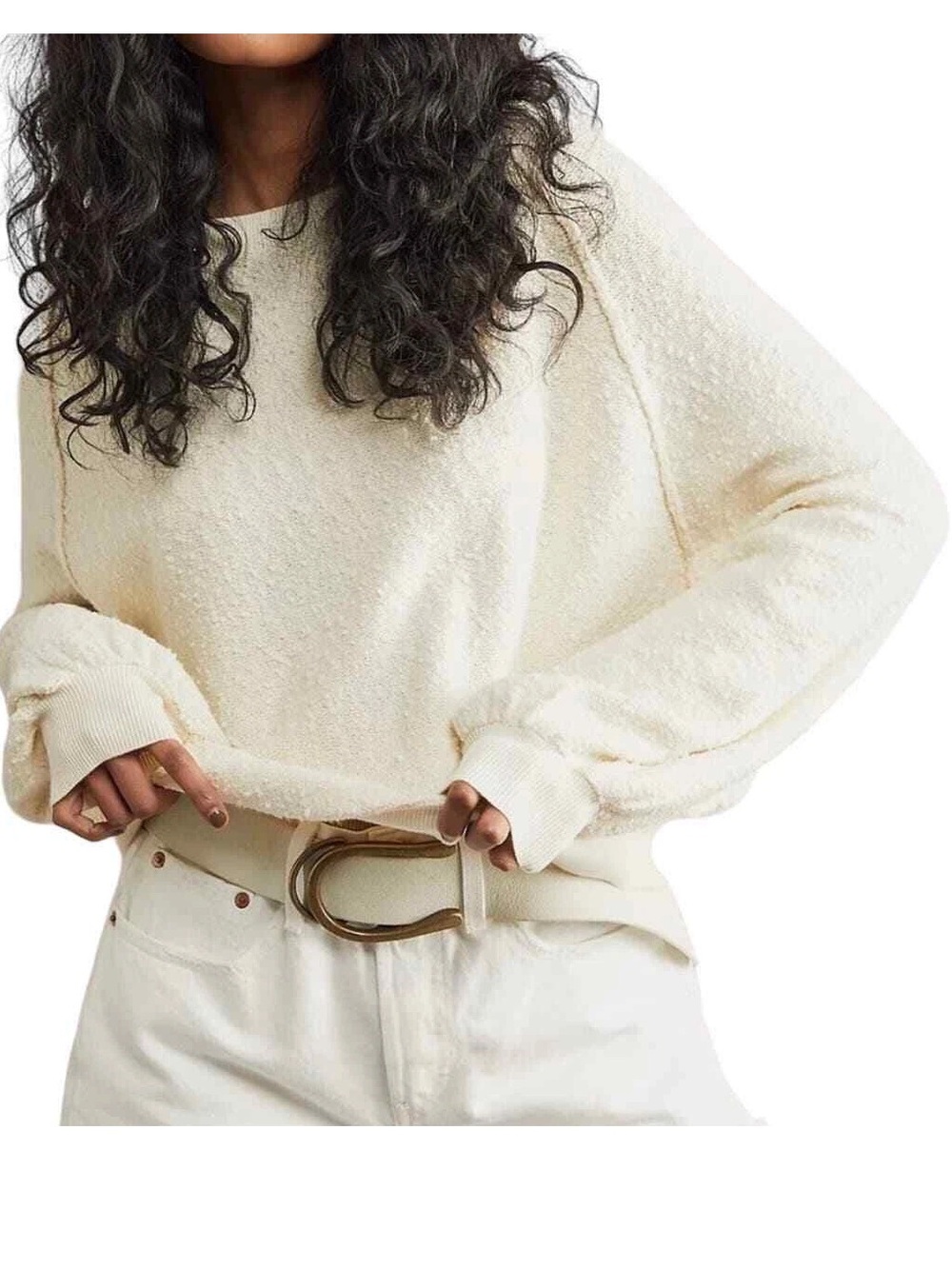 Free People Found My Friend Pullover Sweater Cream Boucle Knit Oversized Size XS